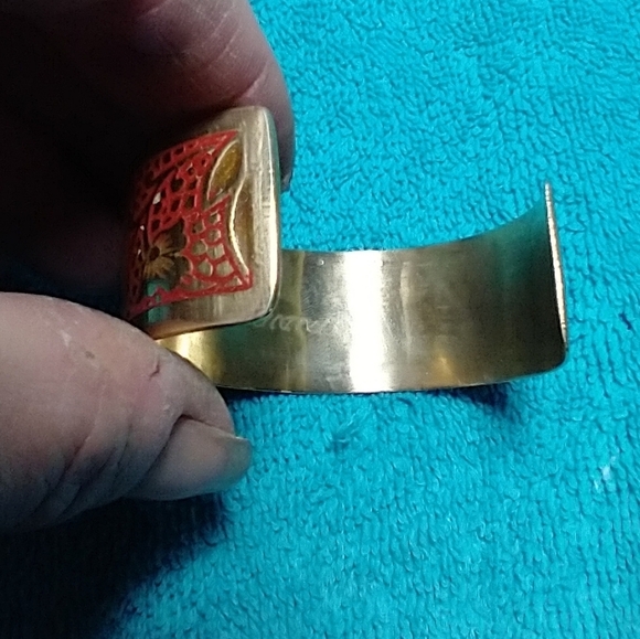 Elegant gold brass Red Green flower Floral leaf vintage cuff Bracelet smallwrist - Picture 5 of 6